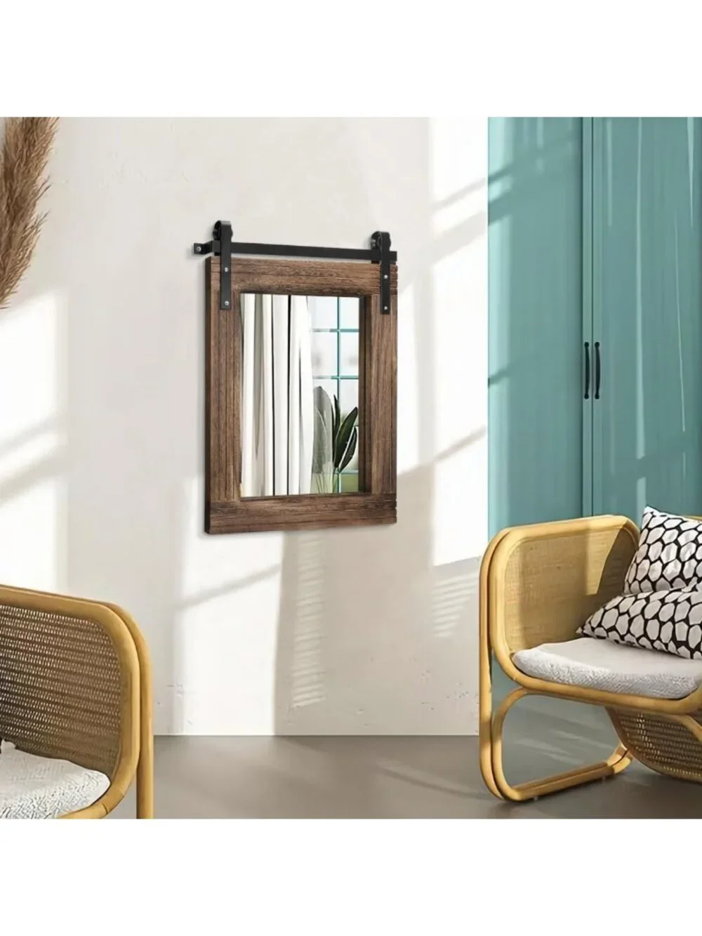 Rustic Barn Door Wall Mirror - Large Rectangle Wood Framed Decor for Home